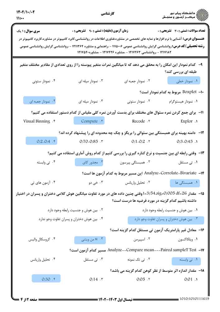 نمونه سوال آشنايی با نرم افزارها و نمايه های تخصصی در مشاوره