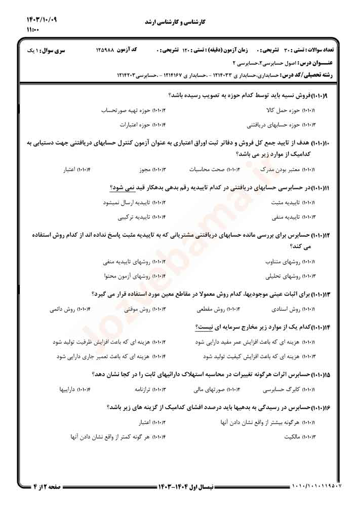 نمونه سوال اصول حسابرسی 2 پیام نور