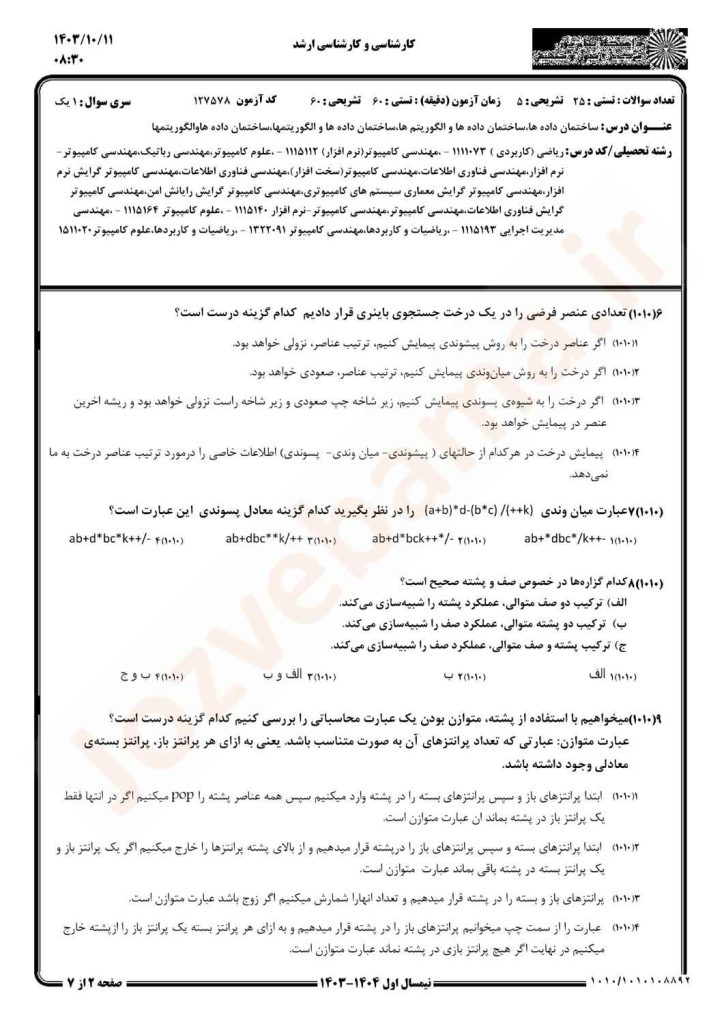 نمونه سوال ساختمان دادهها پیام نور