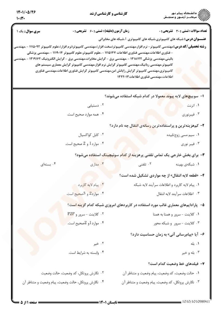 نمونه سوال شبکه های کامپیوتری پیام نور